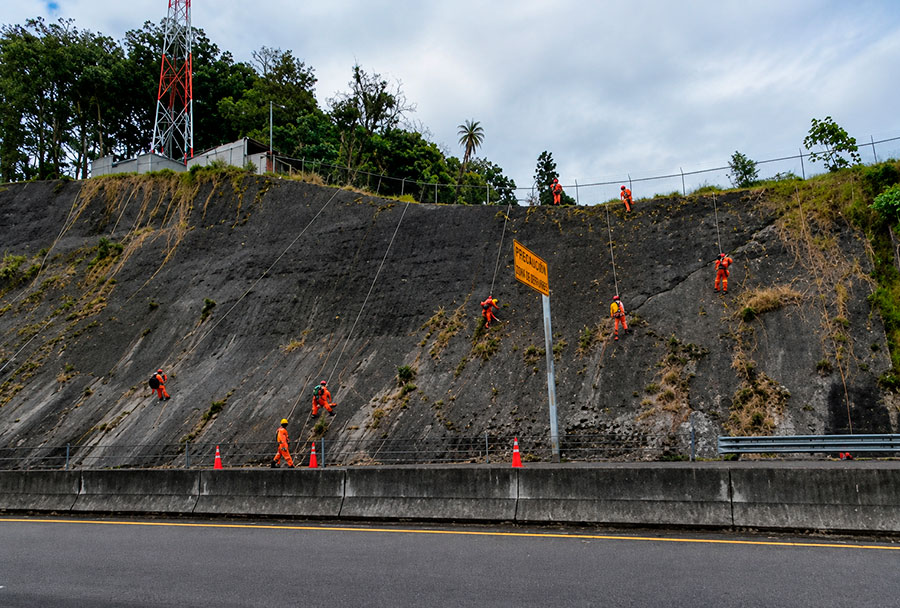 Cuadrilla en rapel realizando chapeo en un talud junto a la carretera